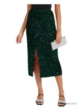 Sequin Velvet Midi Skirt High Waist Split Hem A-Line Party